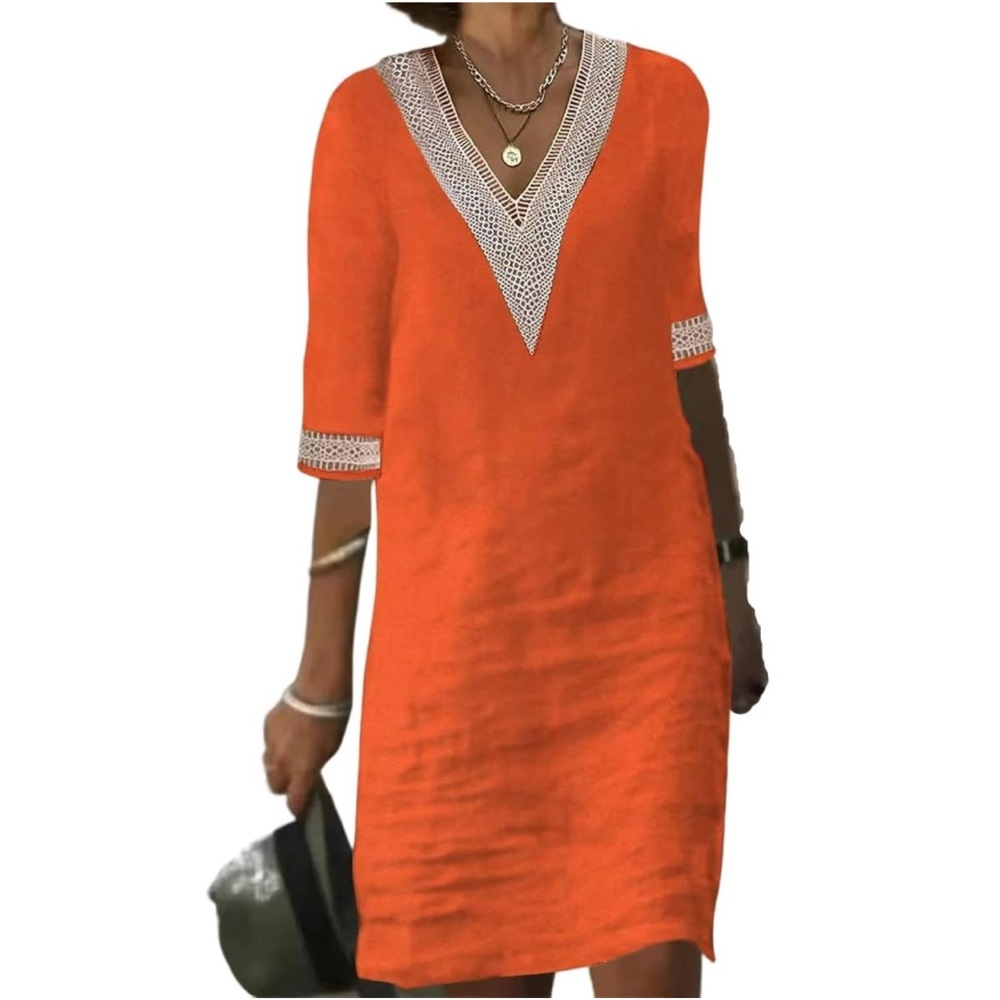 Orange Crinkle Cotton Dress with Lace Trim